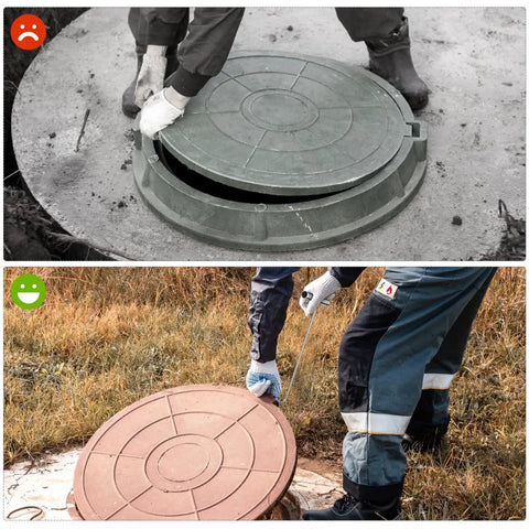 Person using 15.15 Inch Stainless Steel Manhole Cover Hook With T Handle Beefy Heavy Duty Lift Hook Tool to lift manhole covers