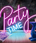 Lit LED Neon Light Sign With Dimmable Switch For Birthdays Weddings Parties And Festivals Indoor Outdoor Decor Safe Energy Saving Silicone Tube Light Strip featuring the words 'Party Time' with a pink and blue glow.