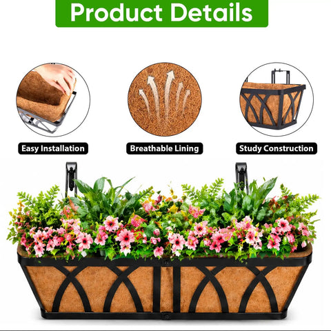 Three Pack 24 Inch Balcony Planter Boxes For Railing And Window Boxes, Dope Outdoor Fence Planters Hanging with flowers