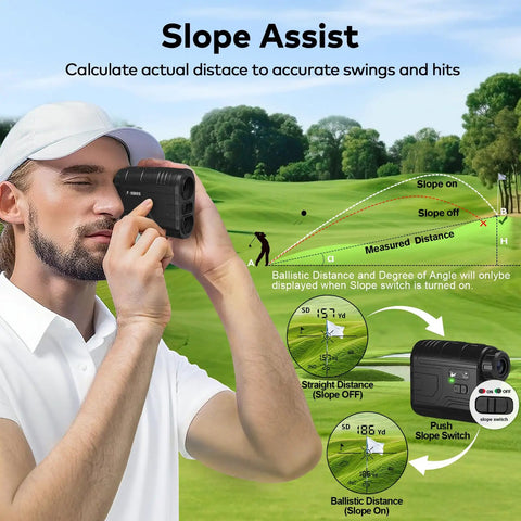 Man using 1200Yards Golf Range Finder With Slope And Flag Lock Vibration 7X Magnification Lightweight Rechargeable Handheld Range Finder on golf course