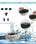 Solar Powered Bird Bath Fountain With Five Nozzles, Resin Granite Rock Look, showing installation and different water flow options