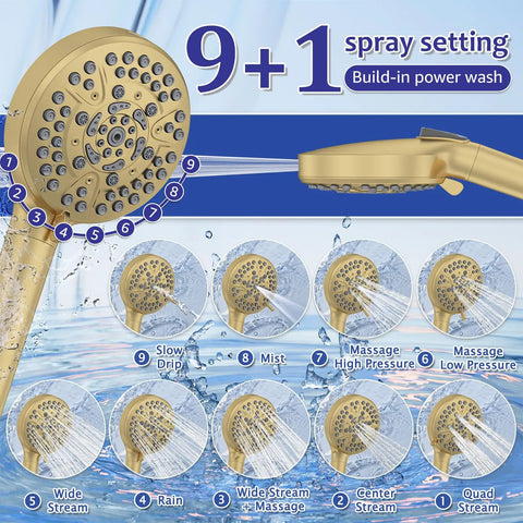 Iriber Brushed Gold Shower System Faucet Set, Filtered Handheld shower with 9 spray settings, including power wash.