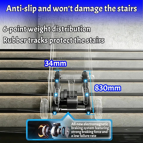Motorized Stair Climbing Cart With Heavy Duty Foldable Electric Dolly showing anti-slip design and rubber tracks for stairs.
