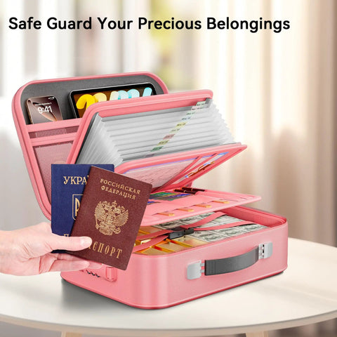 Open pink Heavy Duty Fireproof Document Safe Box With Lock Portable Hard Shell Water Resistant File Safe For Important Docs Passports Laptops And More In Pink Today.