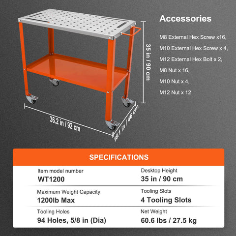 Rugged 36 By 18 Inches Welding Table On Wheels With 1200 Pound Load Capacity Portable Metal Workbench With Locking Brakes
