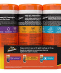 Back view of three canisters from Interior Car Care Value Pack With 90 Count Wipes Including Auto Glass Cleaner Cleaning Wipes And Protectant Wipes In Three 30 Pack Canisters For Easy Quick Detailing; instructions visible
