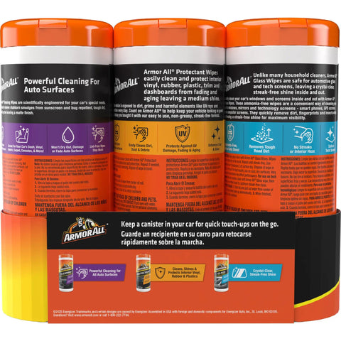 Back view of three canisters from Interior Car Care Value Pack With 90 Count Wipes Including Auto Glass Cleaner Cleaning Wipes And Protectant Wipes In Three 30 Pack Canisters For Easy Quick Detailing; instructions visible