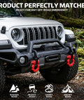 Off-road vehicle with red Beefy Heavy Duty 80000 Lb Break Strength D Ring Shackles 3/4 Inch Clevis Shackles in forest setting.