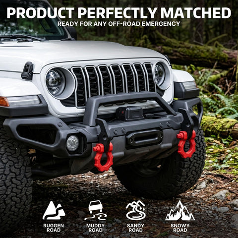 Off-road vehicle with red Beefy Heavy Duty 80000 Lb Break Strength D Ring Shackles 3/4 Inch Clevis Shackles in forest setting.