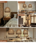 WALMHEIM 15.7" Boho Rattan Pendant Light Fixture in bedroom, dining room, living room, and kitchen island settings.