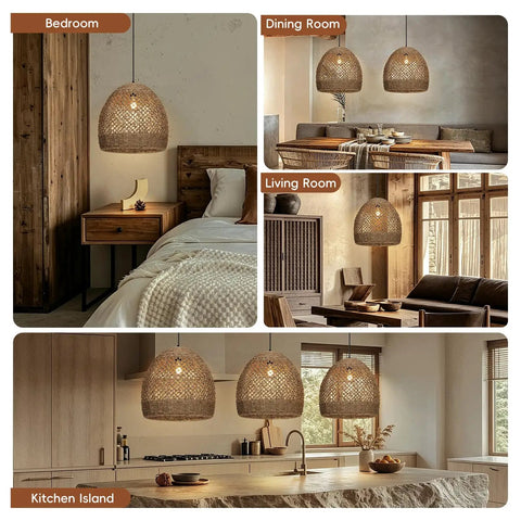 WALMHEIM 15.7" Boho Rattan Pendant Light Fixture in bedroom, dining room, living room, and kitchen island settings.