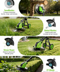 Cordless 800W Brushless Weed Wacker With Wheels 20,000 RPM 12 Inch 4 In 1 String Trimmer showing different blade uses