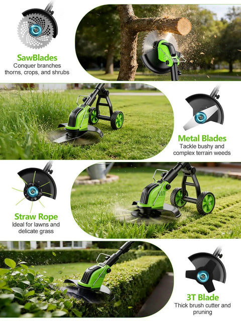 Cordless 800W Brushless Weed Wacker With Wheels 20,000 RPM 12 Inch 4 In 1 String Trimmer showing different blade uses