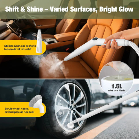 Heavy Duty Steam Crusher Blasts Through Gunk Stat With Five Bar Pressure And Industrial Stainless Boiler Ships Ready With A Twenty Piece Accessory Kit To Handle Every Mess Today. Handheld steam cleaner in action, cleaning car seats and tires.