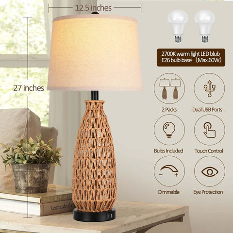 Set Of 2 27 Inch Farmhouse Coastal Rattan Table Lamps With Dual USB Ports And 3 Way Dimmable Touch Control LED Bulbs Included