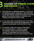 3 causes of timing chain breakage infographic with detailed explanations
