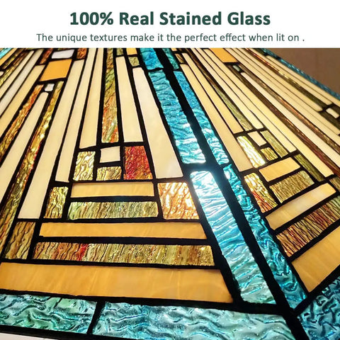 Mission stained glass detail on Green 16 Inch Tiffany Style Pendant Light Fixture With Two Lights