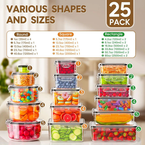 Airtight 50 Piece Food Storage Set With Lids For Meal Prep, Leak Proof BPA Free Plastic Containers stacked in assorted sizes