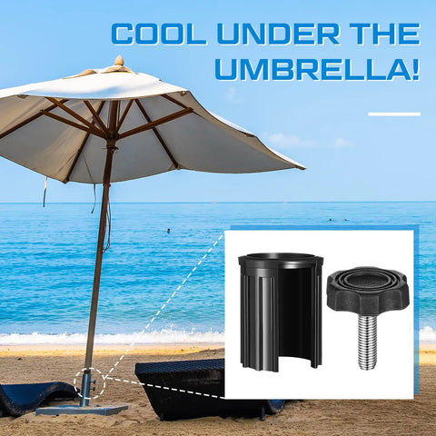 Patio Umbrella Replacement Parts Kit 6 Piece Set with base inserts, ring plugs, and hand knobs for stable support at the beach.