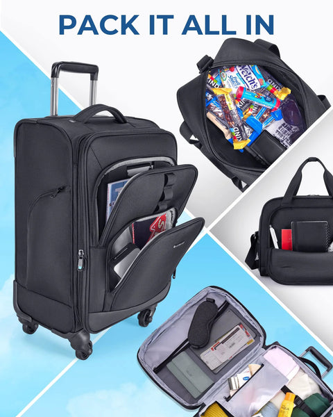 BAGSMART 20-inch expandable carry-on luggage with spinner wheels, black; 2-piece set including a duffle bag
