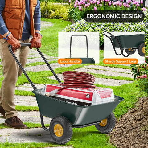 Person using Workhorse Two Wheel Wheelbarrow Cart With 330 Pound Capacity Plastic And Steel Garden Wagon hauling garden materials