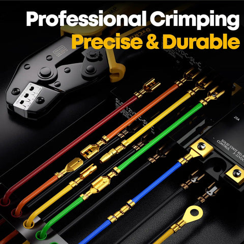 Crimping Tool Kit With 14 Type Open Spade And Quick Disconnect Connector Set with wires and terminals in various colors