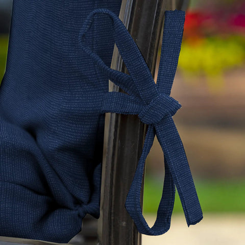 Close-up of tie detail on Comfy Outdoor Chair Cushion Set 21 By 20 Inch Seat With 21 By 24 Inch Back Cushion in Sapphire Blue.