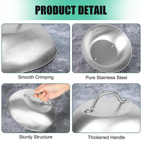 2 Pack Heavy Duty 9 Inch Cheese Melting Dome Stainless Steel Griddle Cover with handle in four detail views