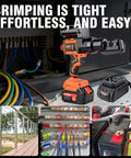 Heavy Duty Electric Battery Lug Crimping Tool With Rechargeable Brushless Motor and Solid 12 Ton Hydraulic Force paired with nine precision dies for copper wires.