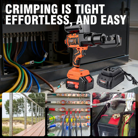 Heavy Duty Electric Battery Lug Crimping Tool With Rechargeable Brushless Motor and Solid 12 Ton Hydraulic Force paired with nine precision dies for copper wires.