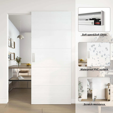 36X84 White Concealed Sliding Barn Door With Hidden Rail And Soft Close Hardware Kit shown installed in interior opening