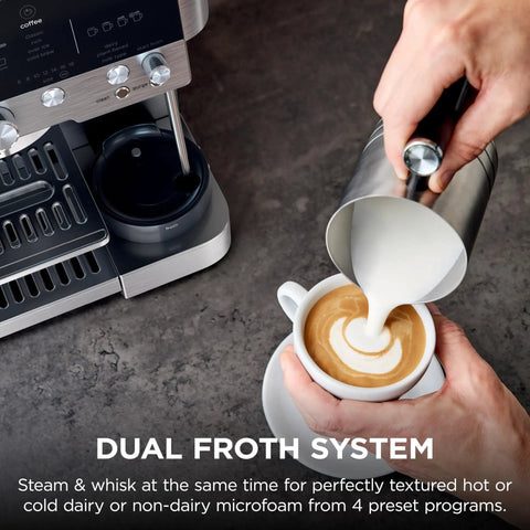 Luxe Café Premier 3 In 1 Espresso Machine With Built In Grinder Drip Coffee And Rapid Cold Brew Hands Free Milk Frother making coffee