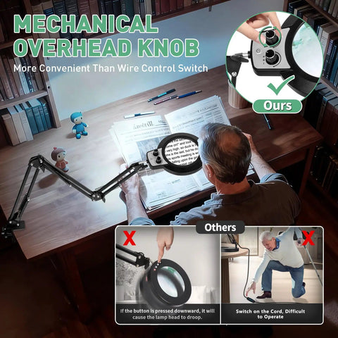 Person using 12X Magnifying Glass With Light And Stand Long Arm Magnifier for craft sewing on a desk with mechanical overhead knob.