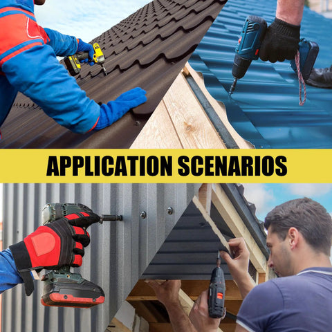 Heavy Duty Number 10 X 1 Inch Black Hex Head Self Drilling Roofing Screws, 300 Piece Set Of High Strength Alloy Steel Fasteners For Metal And Wood, Badass Strong And Dead Secure Grip being used in various roofing applications.