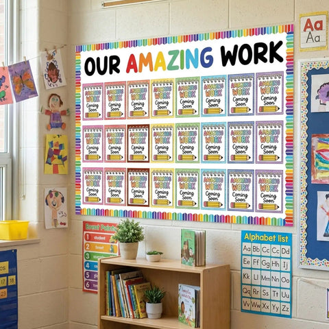 Notebook Style Student Work Display Kit for Classrooms and Offices with colorful bulletin board cutouts showcasing student creations.