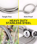FOXEASE stainless steel water hose, 25 ft with two nozzle attachments and metal fittings.