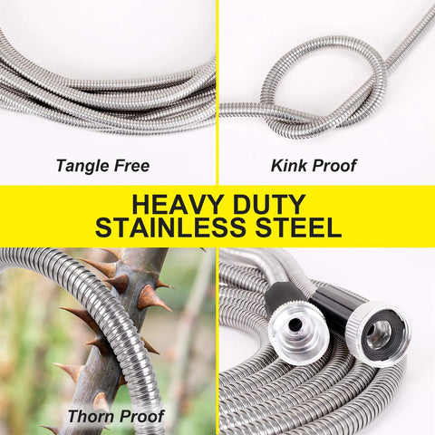 FOXEASE stainless steel water hose, 25 ft with two nozzle attachments and metal fittings.