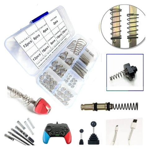 Grab And Go Compression Springs Kit 100 Pieces Assorted Metal Tower And Return Springs Set with storage box and application examples