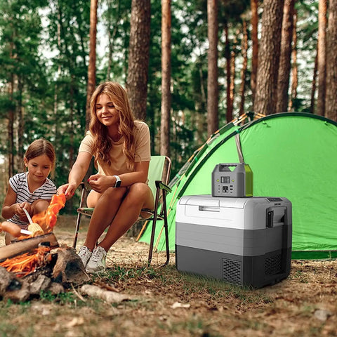 Portable Power Station 150W 155Wh with 110V AC outlet in camping setup