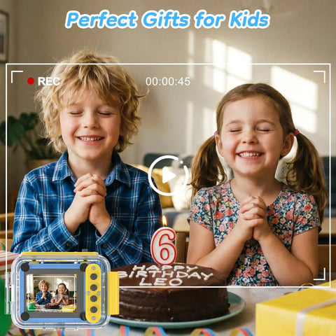 Children celebrating birthday with cake, using Pool Toy And Underwater Camera For Kids 99ft Waterproof Action Camera at the table.