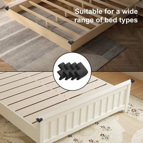 Built Tough Yet Soft Black Foam Corner Protectors Four Pack shown on wooden bed frames for safety against sharp edges.