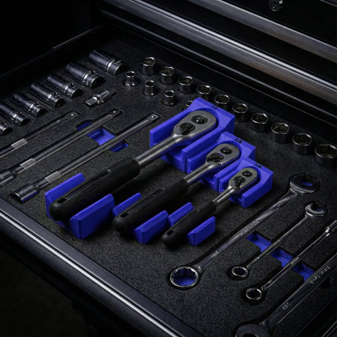 Ratchet Organizer Set For One Quarter Inch, Three Eighths Inch, And One Half Inch Ratchets With Low Profile Magnetic Drawer Mounts