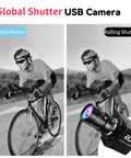 Global Shutter USB Camera Monochrome High Speed Imaging 1280x800 at 120fps with cyclist comparison image.