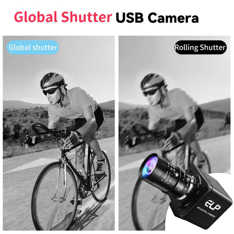 Global Shutter USB Camera Monochrome High Speed Imaging 1280x800 at 120fps with cyclist comparison image.