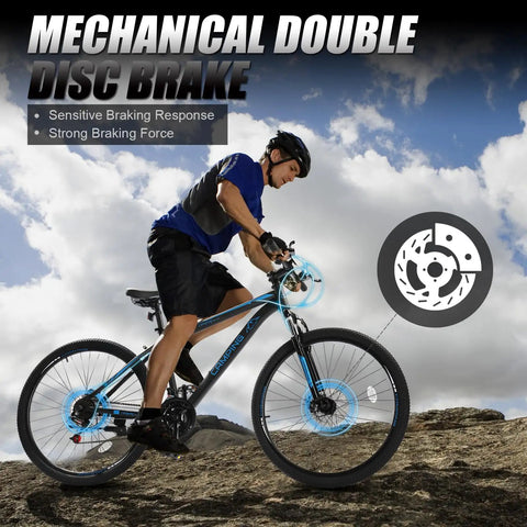 Cyclist riding 26 Or 27.5 Inch Mountain Bike For Adults With 21 Speed Shifting Grippy All Terrain Tires Trail Ready Dual Disc Brakes