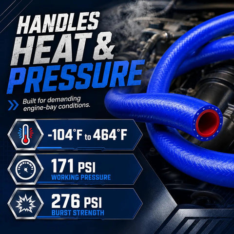 Heavy Duty Silicone Heater Hose With Three Layer Braided Core For Automotive Coolant Radiator Flow Delivering 276 Psi Burst Proof Strength In Ten Foot Straight Blue Profiles Paired With Five Stainless Clamps. Blue silicone hose with specifications for temperature and pressure.