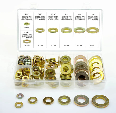 Front view: Swordfish 32850 SAE Grade 8 hardened extra-thick flat washer assortment, 150 pcs in clear case