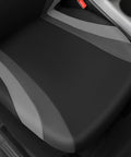 Close-up of Sporty Front Seat Covers For Cars, SUVs, And Trucks, Universal Fit, Airbag Compatible, black and gray design.