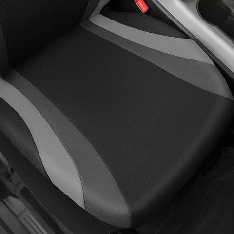 Close-up of Sporty Front Seat Covers For Cars, SUVs, And Trucks, Universal Fit, Airbag Compatible, black and gray design.