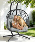 Cozy Double Hanging Egg Chair For Two With Adjustable Footrest And Stand, Indoor Outdoor Wicker Swing With Cushions, Grey, garden view